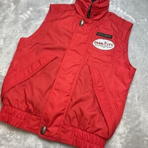 Descente Ski Vest Jacket Mens XS Red Full Zip Snap Pockets Park City Resort Logo